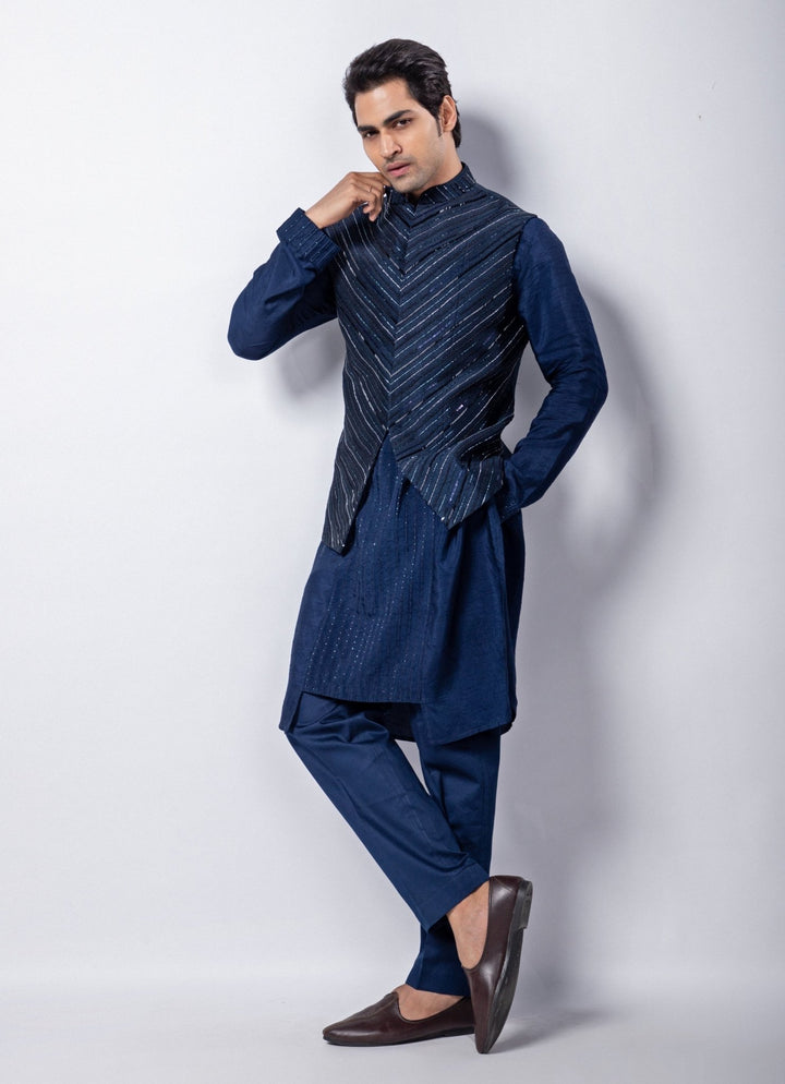 Navy Blue Embroidered Silk Nehru Jacket Smriti - Fabilicious Fashion