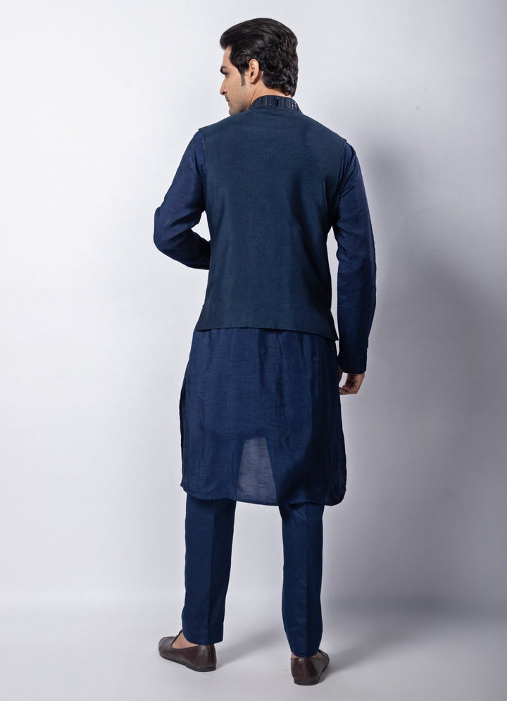 Navy Blue Embroidered Silk Nehru Jacket Smriti - Fabilicious Fashion