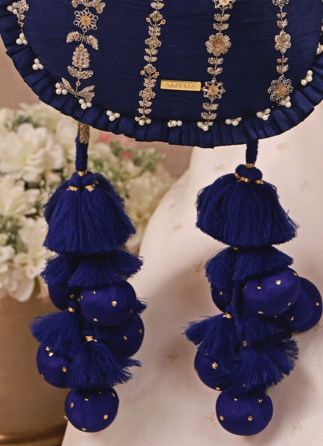 Amyra Navy Blue Embroidered Silk Pleated PotliFabilicious Fashion