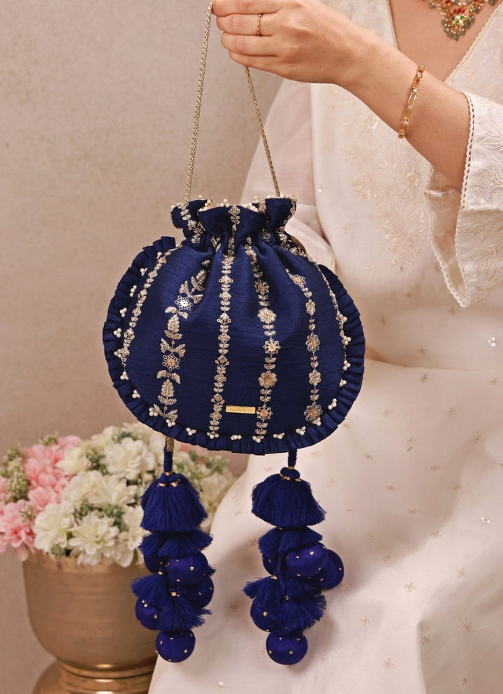 Amyra Navy Blue Embroidered Silk Pleated PotliFabilicious Fashion