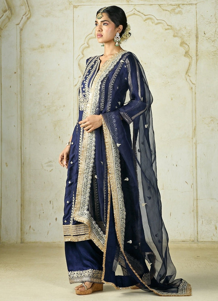 Gopi Vaid Navy Blue Embroidered Tussar Kurta Palazzo SetFabilicious Fashion