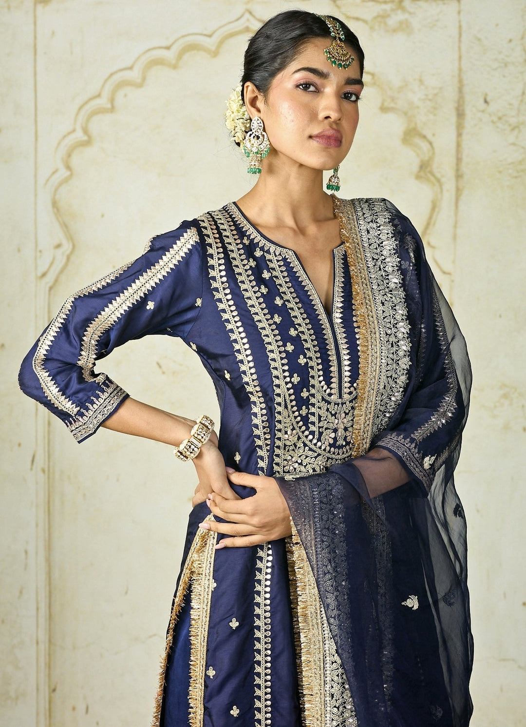 Gopi Vaid Navy Blue Embroidered Tussar Kurta Palazzo SetFabilicious Fashion