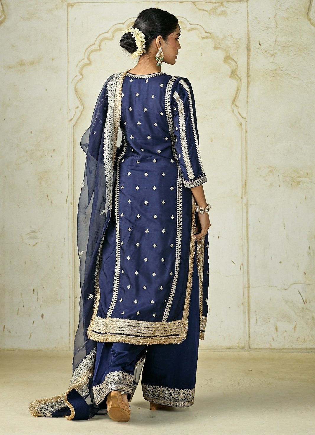 Gopi Vaid Navy Blue Embroidered Tussar Kurta Palazzo SetFabilicious Fashion
