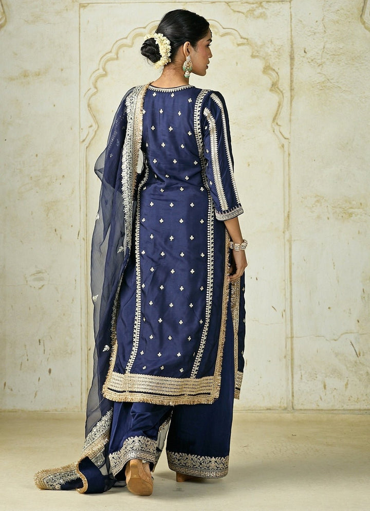 Gopi Vaid Navy Blue Embroidered Tussar Kurta Palazzo SetFabilicious Fashion