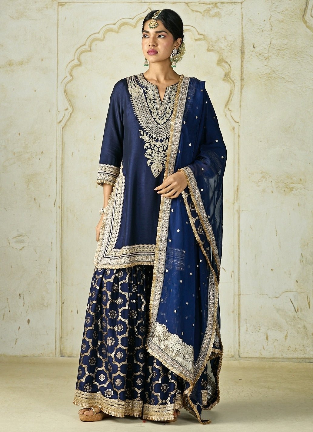 Gopi Vaid Navy Blue Embroidered Tussar Kurta Sharara SetFabilicious Fashion