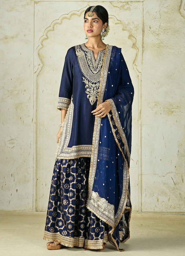 Gopi Vaid Navy Blue Embroidered Tussar Kurta Sharara SetFabilicious Fashion