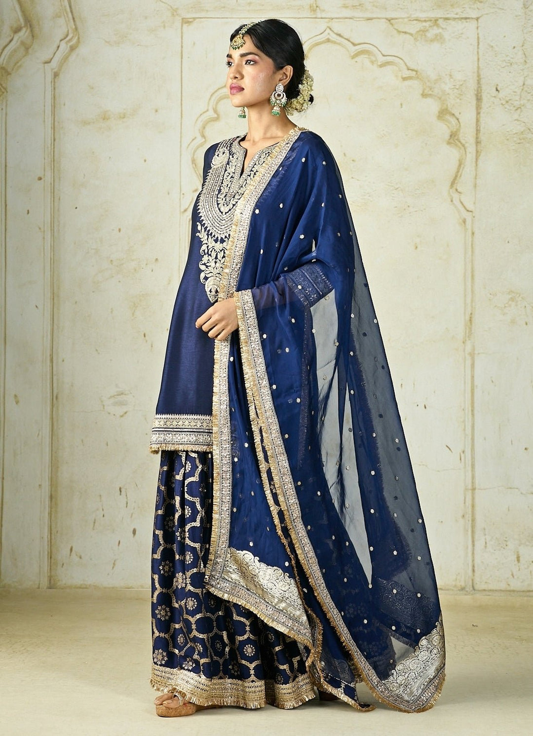 Gopi Vaid Navy Blue Embroidered Tussar Kurta Sharara SetFabilicious Fashion