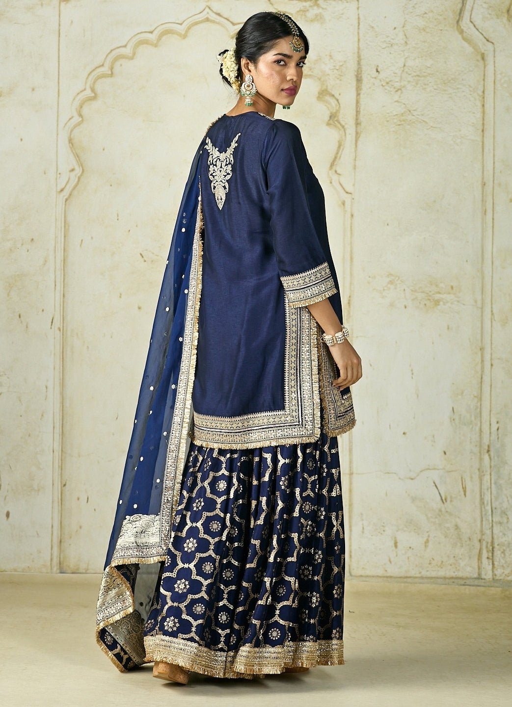 Gopi Vaid Navy Blue Embroidered Tussar Kurta Sharara SetFabilicious Fashion