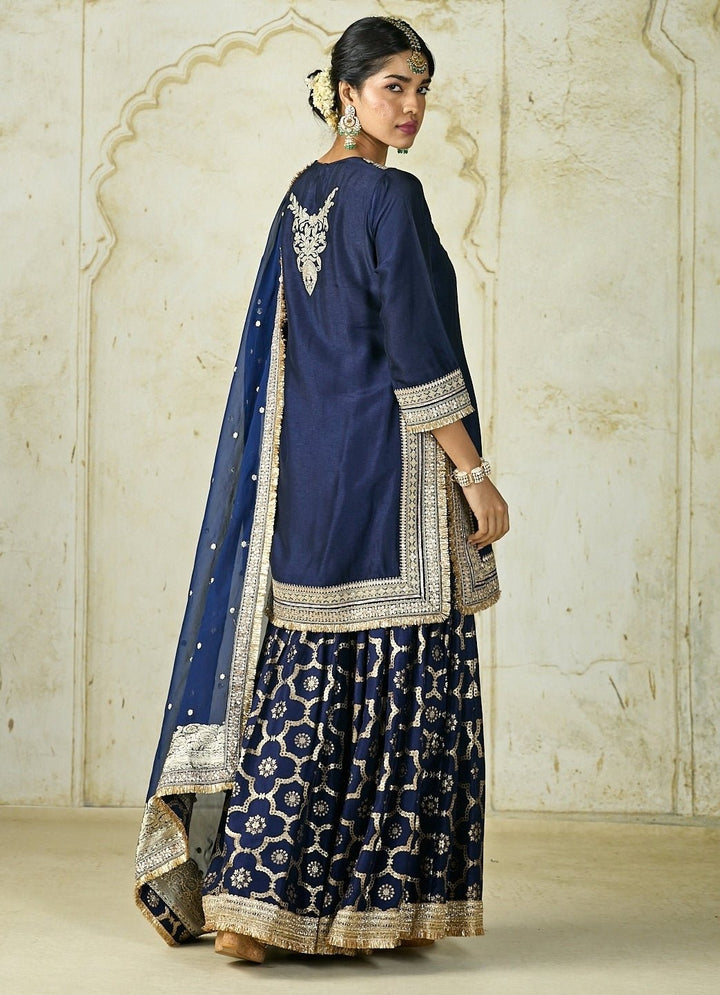 Gopi Vaid Navy Blue Embroidered Tussar Kurta Sharara SetFabilicious Fashion