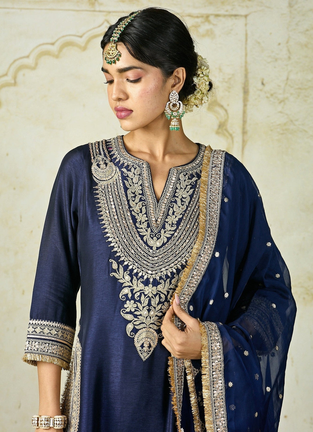 Gopi Vaid Navy Blue Embroidered Tussar Kurta Sharara SetFabilicious Fashion