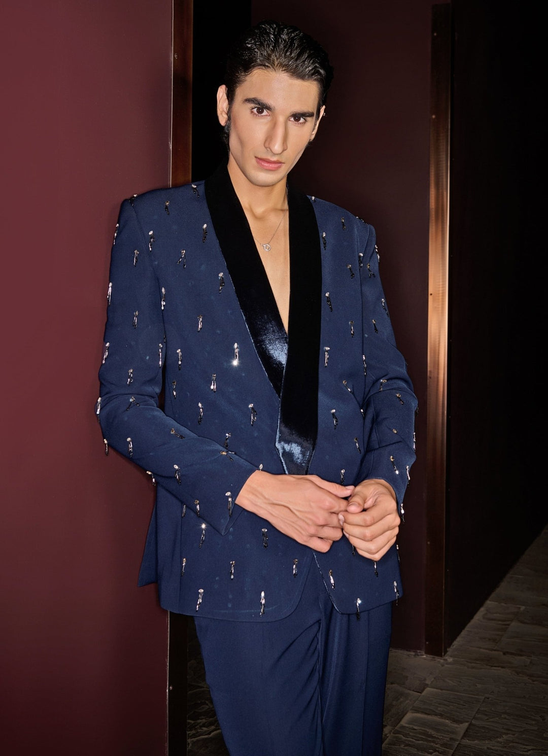 Navy Blue Embroidered Tuxedo Set Contrast By Parth - Fabilicious Fashion