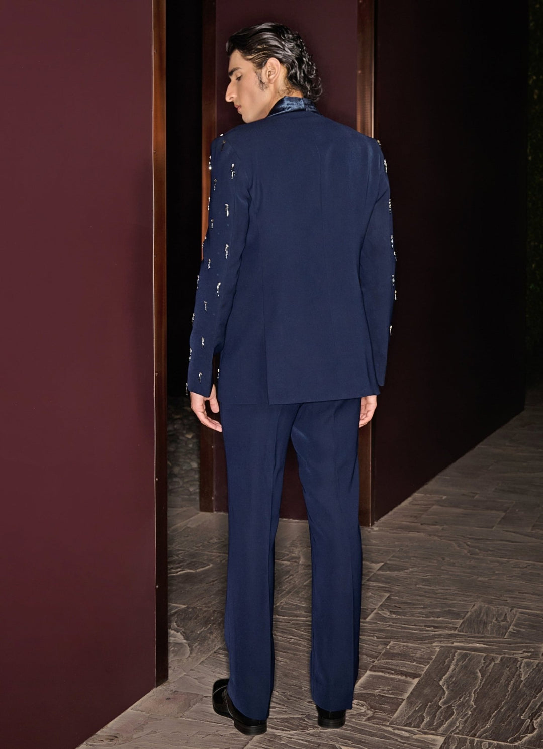 Navy Blue Embroidered Tuxedo Set Contrast By Parth - Fabilicious Fashion
