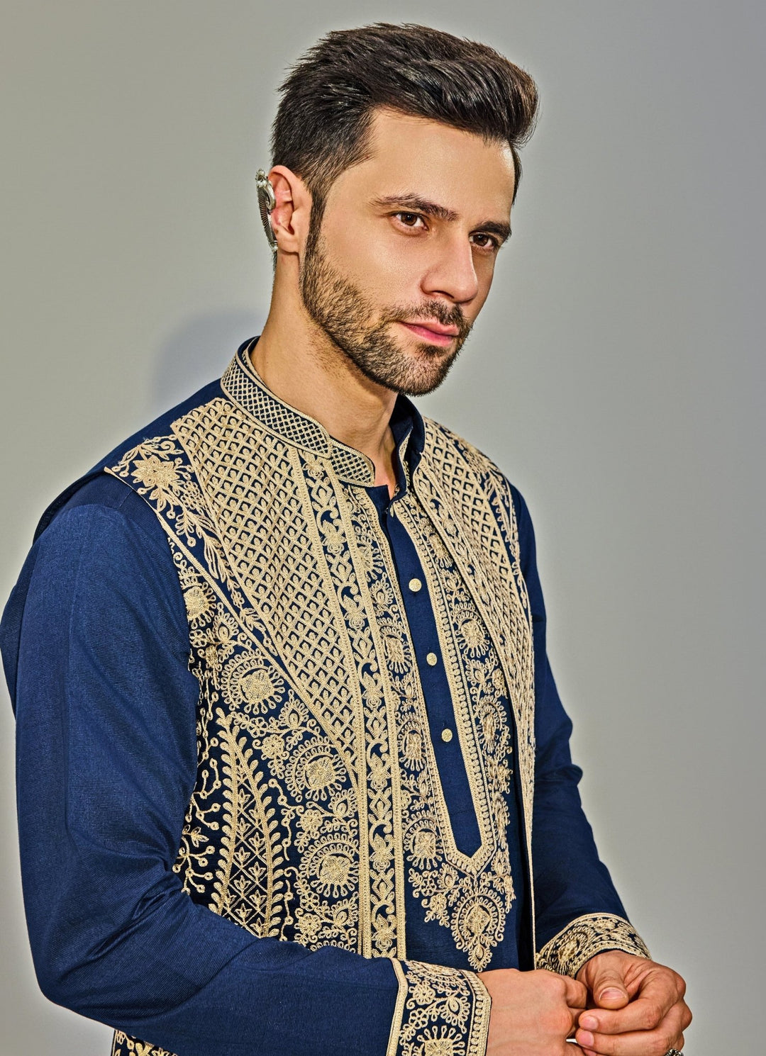 Navy Blue Embroidery Silk Kurta Jacket Set Chatenya Mittal - Fabilicious Fashion