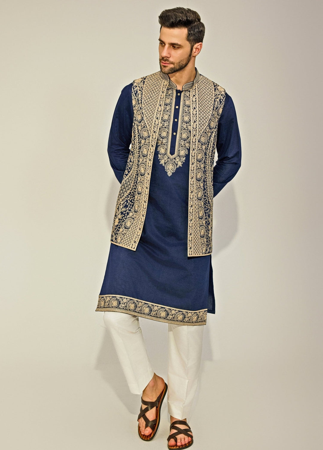 Navy Blue Embroidery Silk Kurta Jacket Set Chatenya Mittal - Fabilicious Fashion