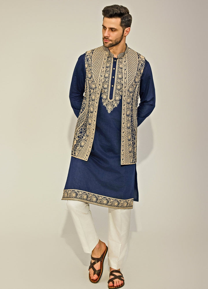 Navy Blue Embroidery Silk Kurta Jacket Set Chatenya Mittal - Fabilicious Fashion