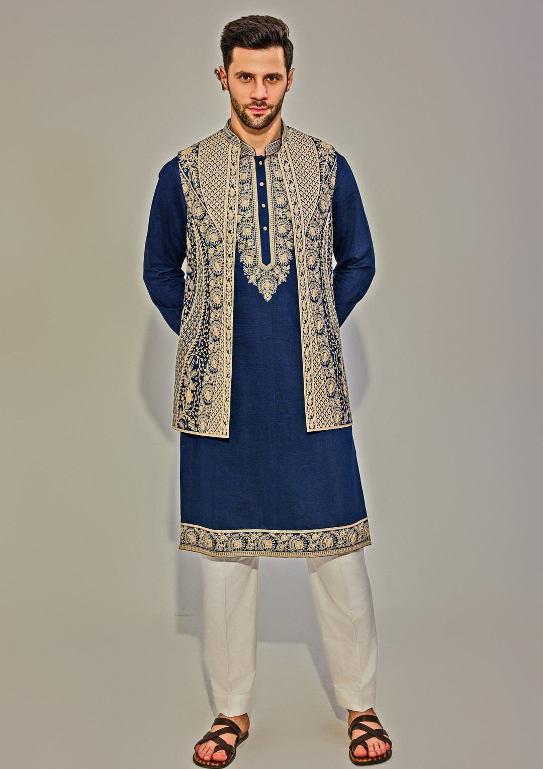 Navy Blue Embroidery Silk Kurta Jacket Set Chatenya Mittal - Fabilicious Fashion