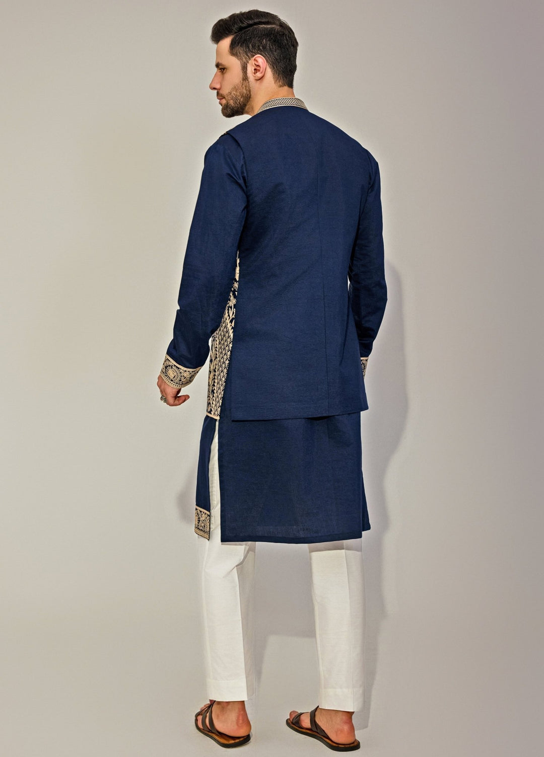 Navy Blue Embroidery Silk Kurta Jacket Set Chatenya Mittal - Fabilicious Fashion