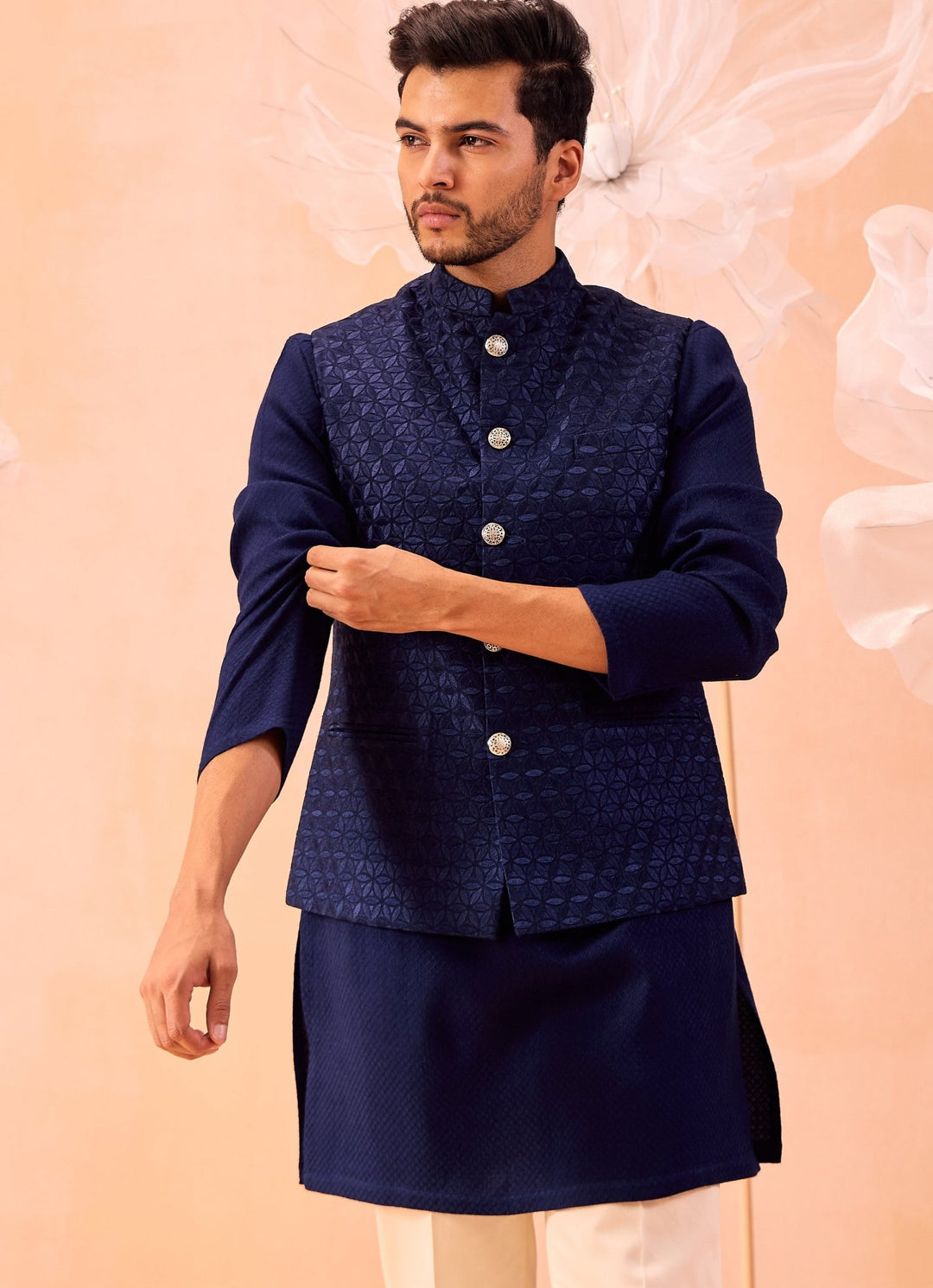 Navy Blue Floral Embroidered Nehru Jacket Set Contrast by Parth - Fabilicious Fashion