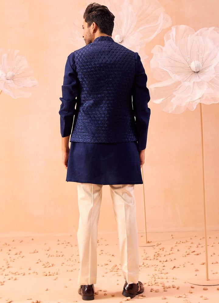 Navy Blue Floral Embroidered Nehru Jacket Set Contrast by Parth - Fabilicious Fashion