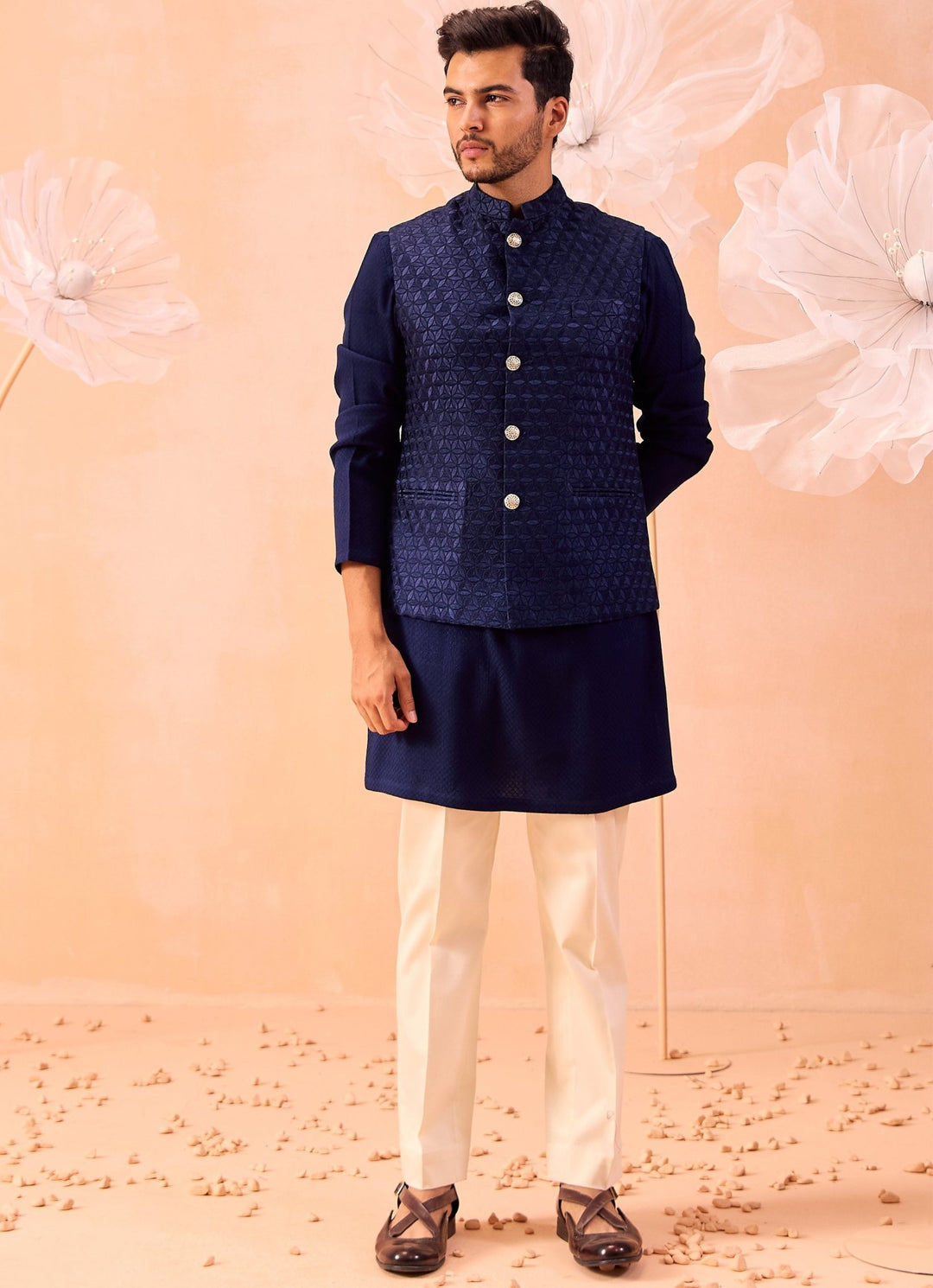 Navy Blue Floral Embroidered Nehru Jacket Set Contrast by Parth - Fabilicious Fashion