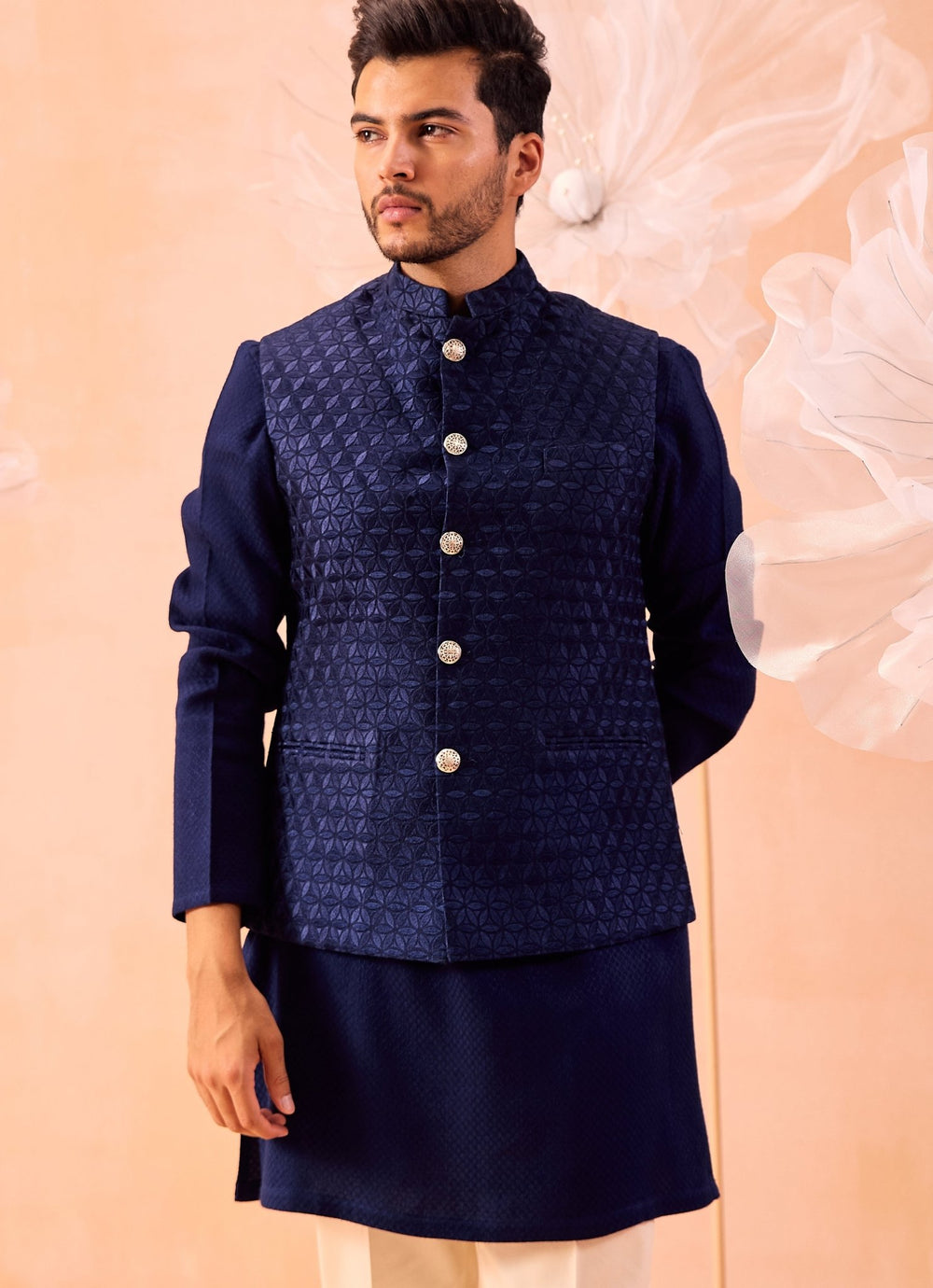 Navy Blue Floral Embroidered Nehru Jacket Set Contrast by Parth - Fabilicious Fashion