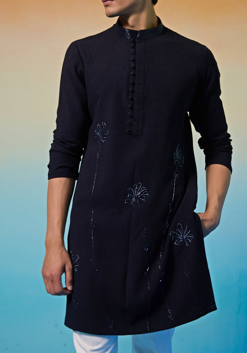 Navy Blue Floral Kurta Set Contrast by Parth - Fabilicious Fashion