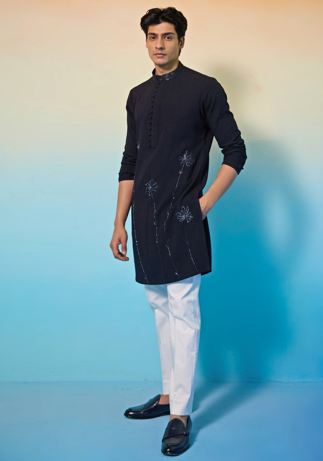 Navy Blue Floral Kurta Set Contrast by Parth - Fabilicious Fashion