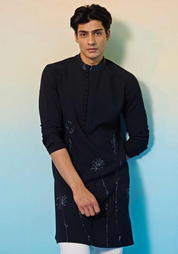 Navy Blue Floral Kurta Set Contrast by Parth - Fabilicious Fashion