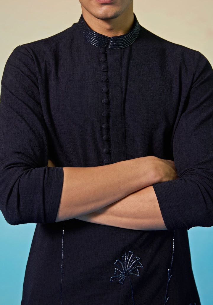 Navy Blue Floral Kurta Set Contrast by Parth - Fabilicious Fashion