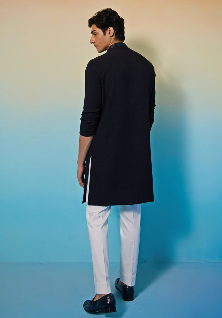 Navy Blue Floral Kurta Set Contrast by Parth - Fabilicious Fashion