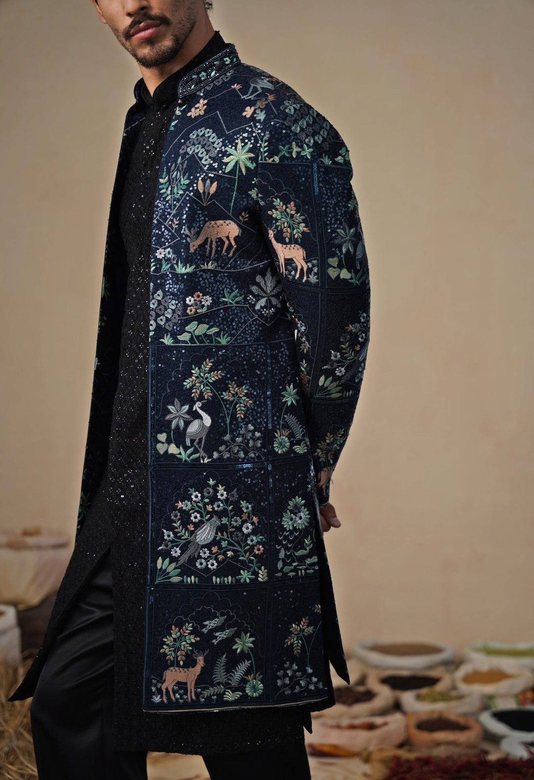 Navy Blue Georgette Indo - western Kurta Jacket Set Kalpraag - Fabilicious Fashion