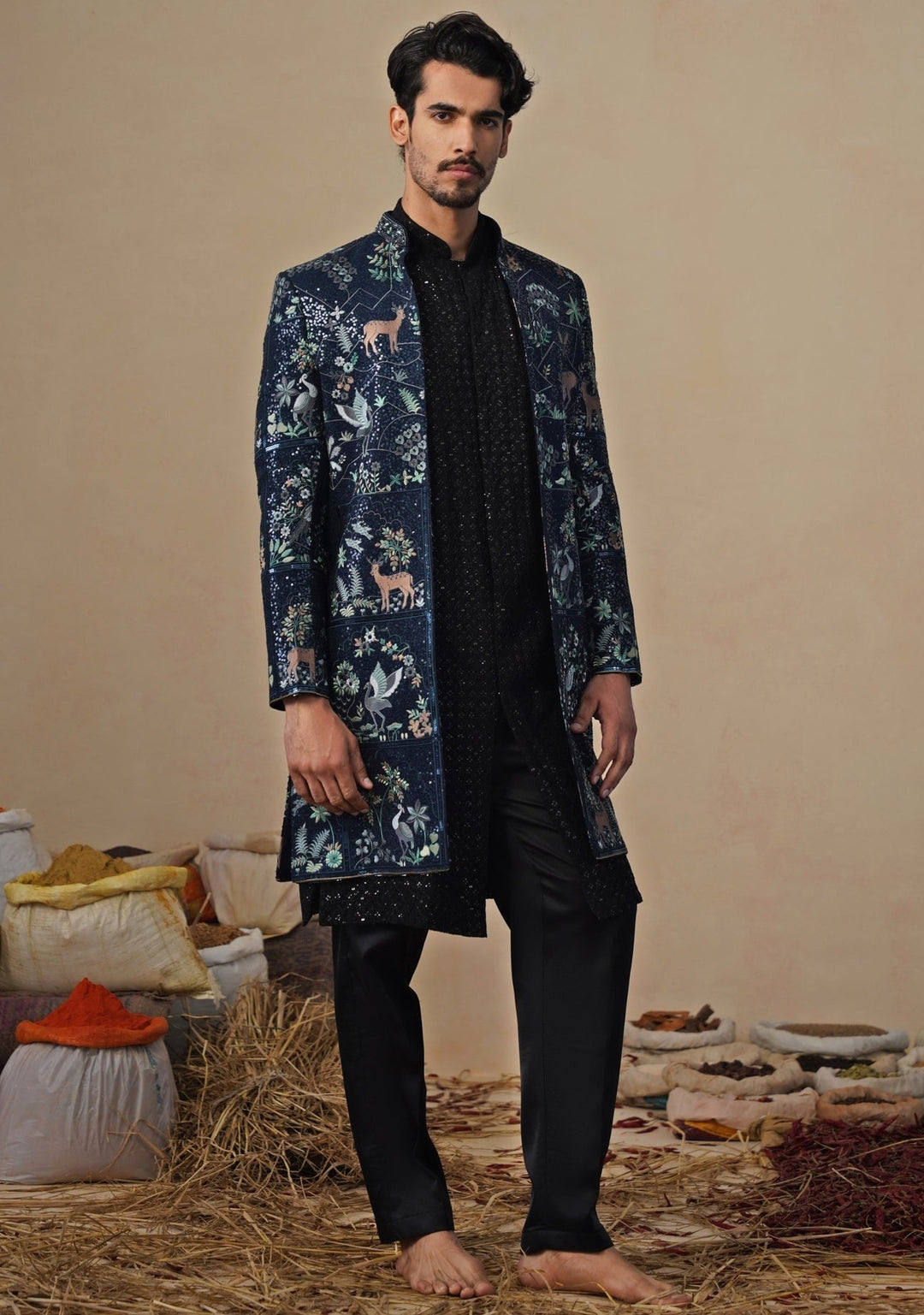 Navy Blue Georgette Indo - western Kurta Jacket Set Kalpraag - Fabilicious Fashion