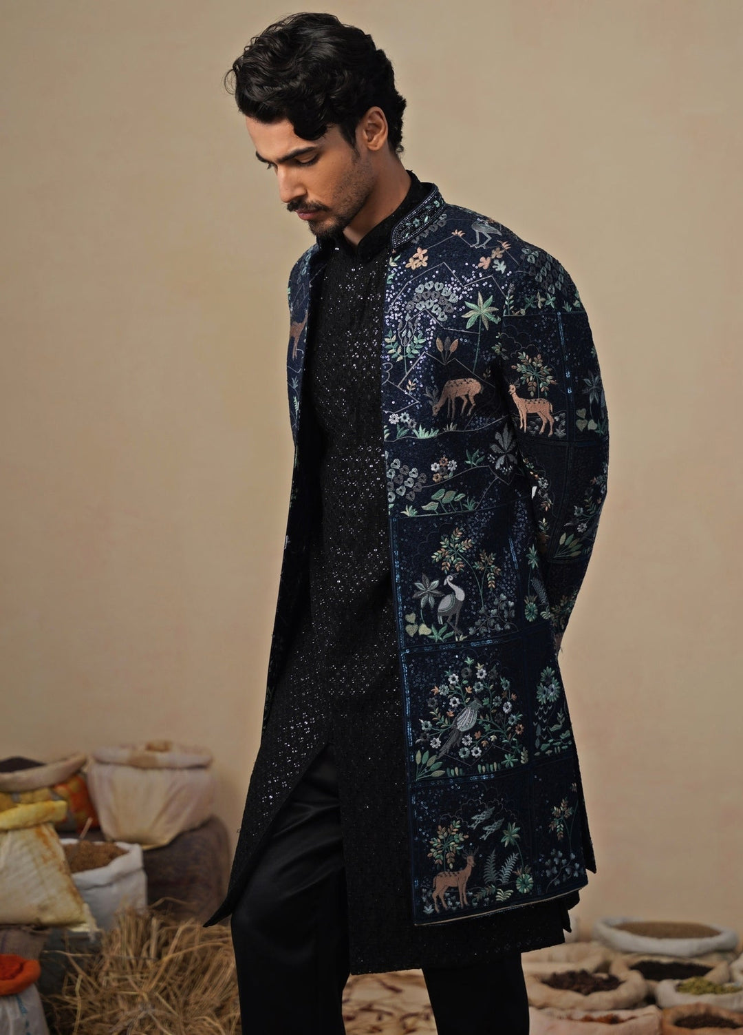 Navy Blue Georgette Indo - western Kurta Jacket Set Kalpraag - Fabilicious Fashion