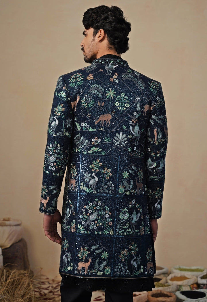 Navy Blue Georgette Indo - western Kurta Jacket Set Kalpraag - Fabilicious Fashion