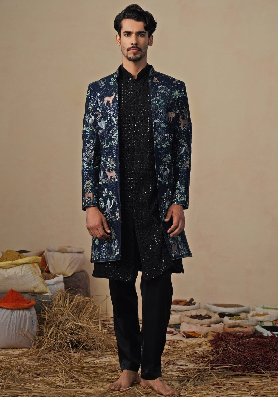 Navy Blue Georgette Indo - western Kurta Jacket Set Kalpraag - Fabilicious Fashion