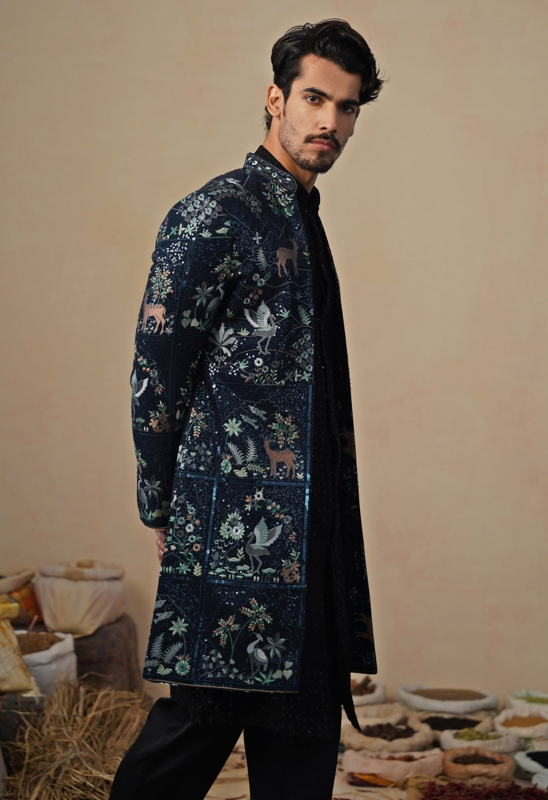 Navy Blue Georgette Indo - western Kurta Jacket Set Kalpraag - Fabilicious Fashion