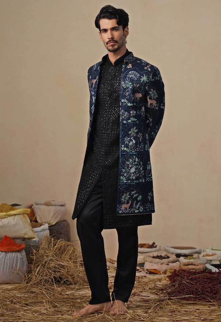 Navy Blue Georgette Indo - western Kurta Jacket Set Kalpraag - Fabilicious Fashion