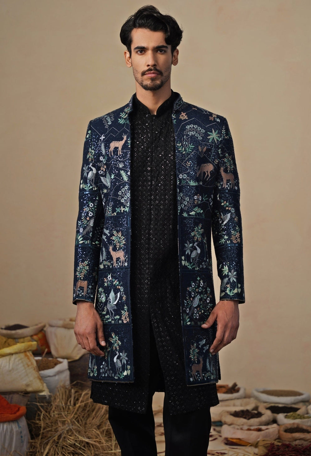 Navy Blue Georgette Indo - western Kurta Jacket Set Kalpraag - Fabilicious Fashion