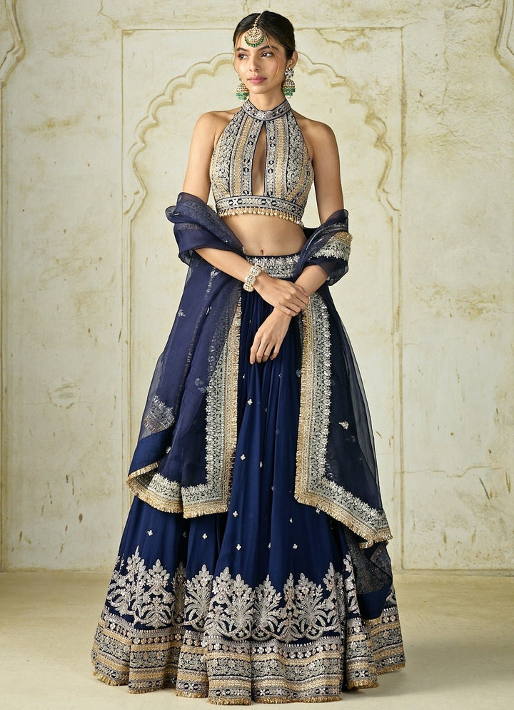 Gopi Vaid Navy Blue Georgette Lehenga Set With Halter BlouseFabilicious Fashion
