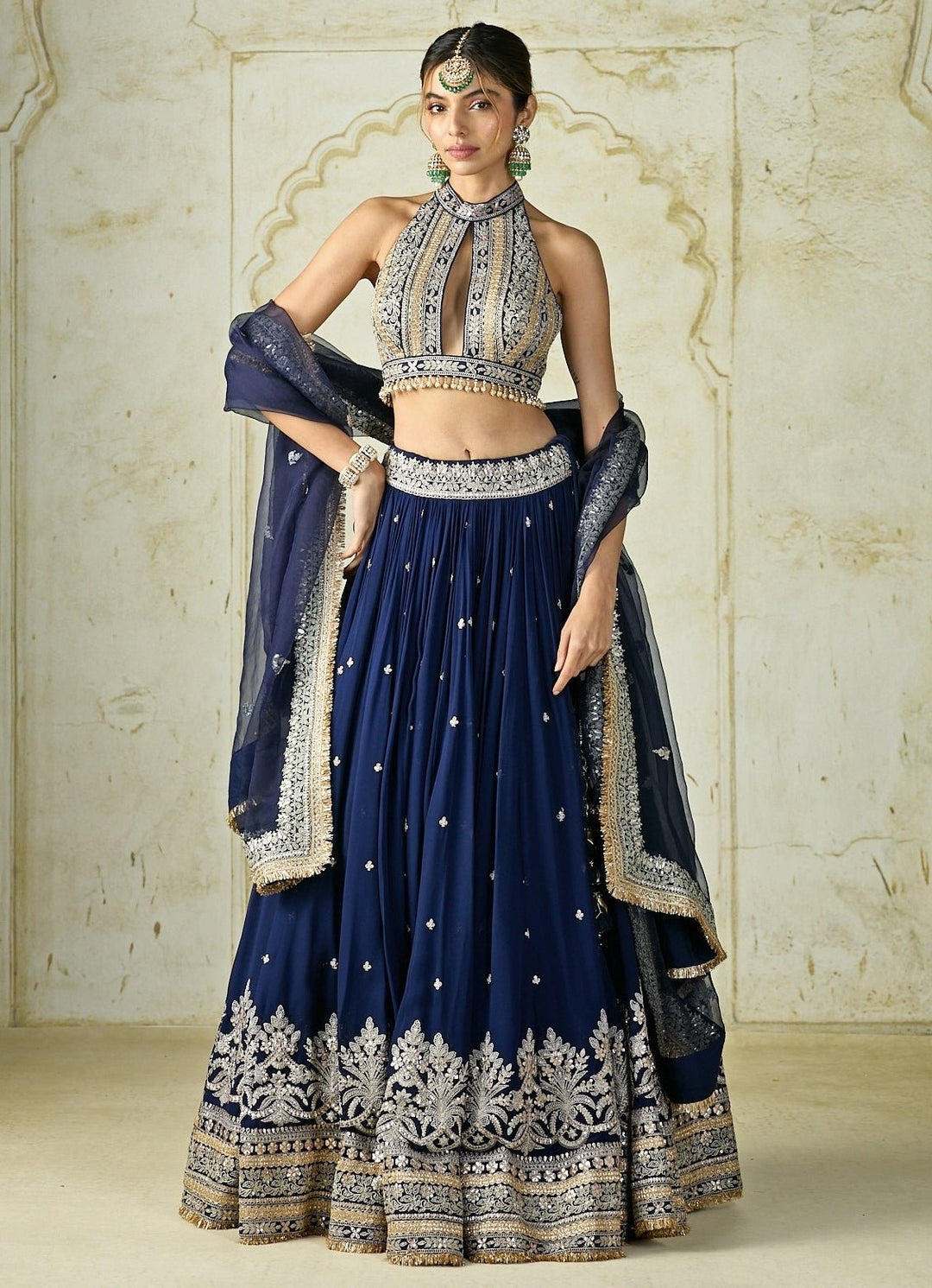 Gopi Vaid Navy Blue Georgette Lehenga Set With Halter BlouseFabilicious Fashion