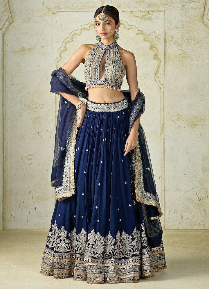 Gopi Vaid Navy Blue Georgette Lehenga Set With Halter BlouseFabilicious Fashion