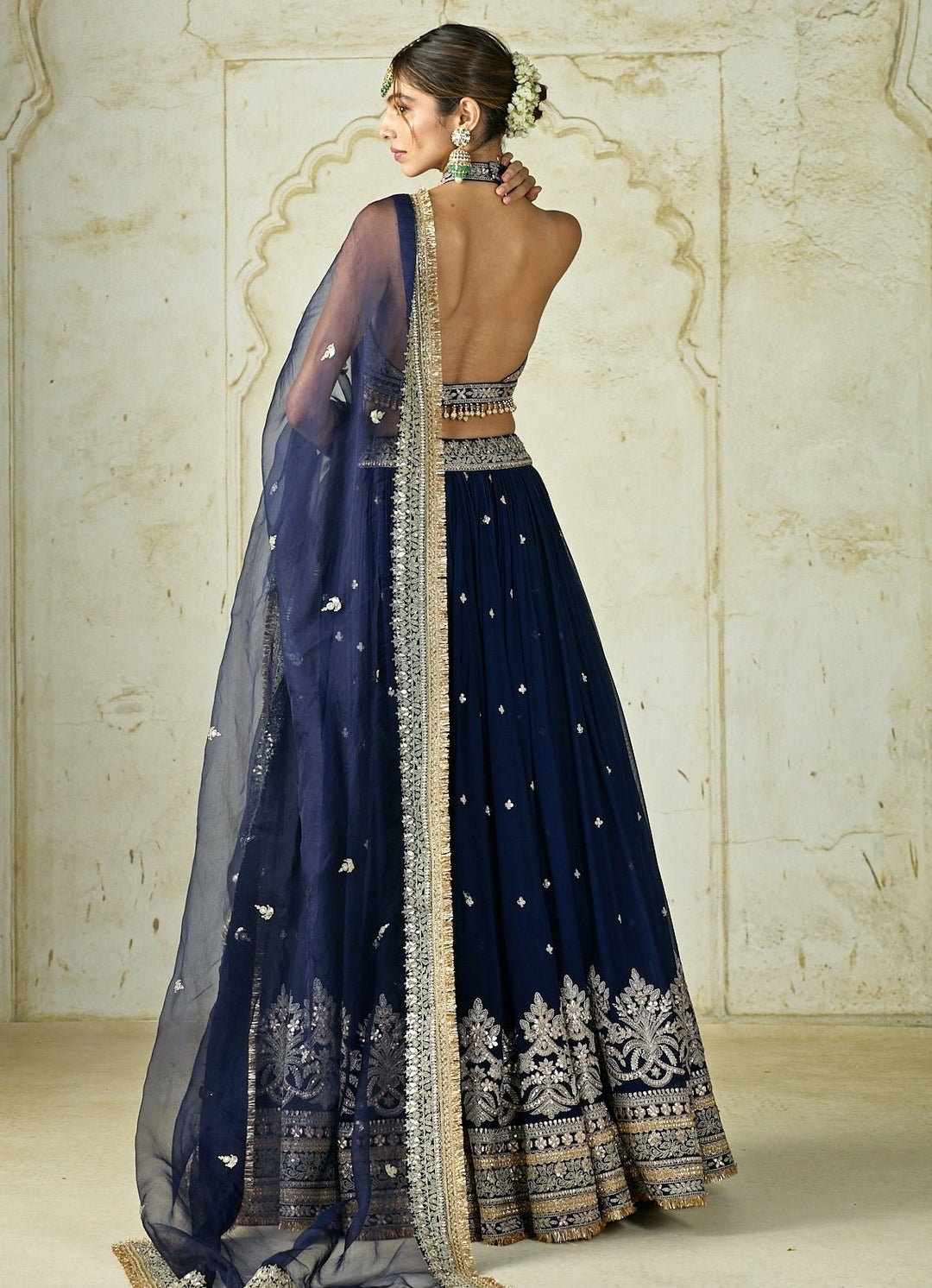 Gopi Vaid Navy Blue Georgette Lehenga Set With Halter BlouseFabilicious Fashion