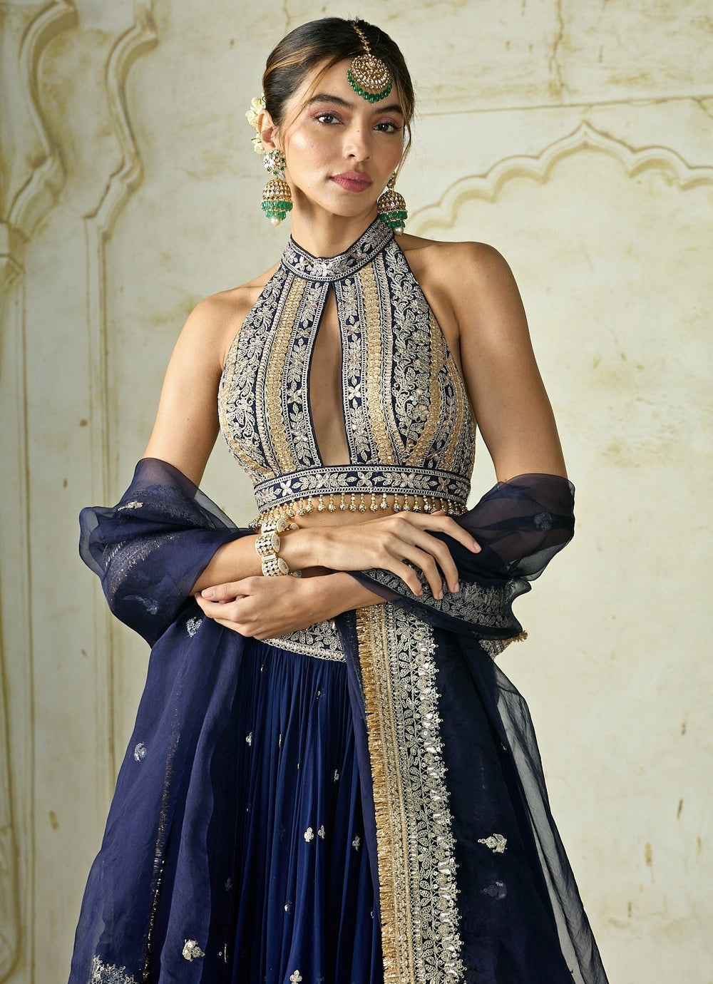 Gopi Vaid Navy Blue Georgette Lehenga Set With Halter BlouseFabilicious Fashion