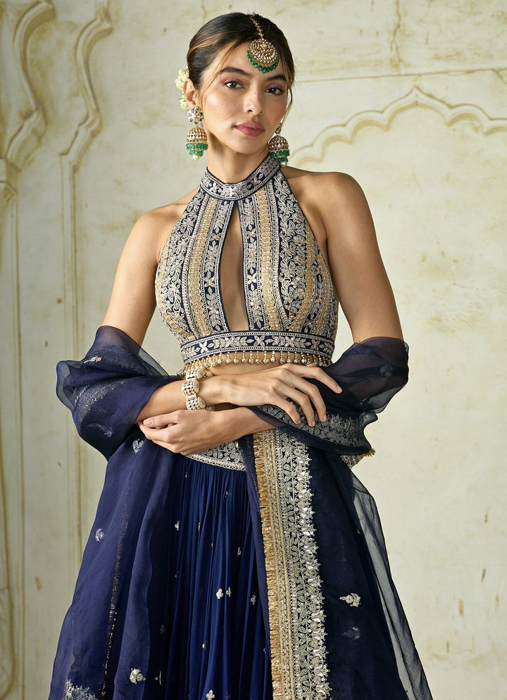 Gopi Vaid Navy Blue Georgette Lehenga Set With Halter BlouseFabilicious Fashion
