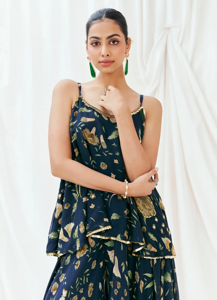 Navy Blue Georgette Peplum Kurta Palazzo Set Redpine - Fabilicious Fashion
