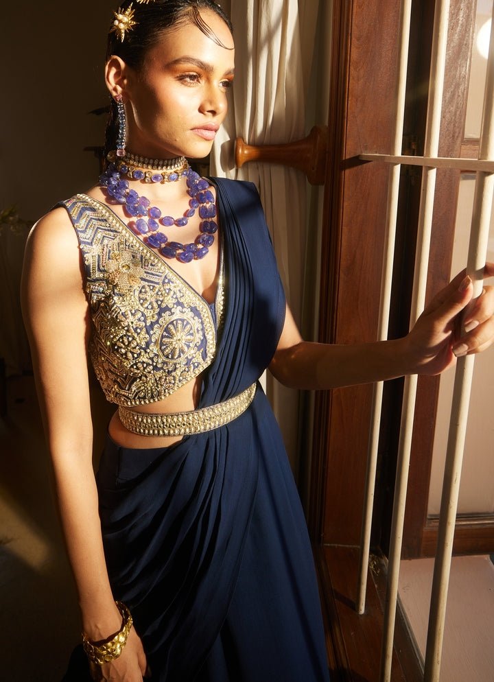 Navy Blue Georgette Predraped Saree Paulmi and Harsh - Fabilicious Fashion