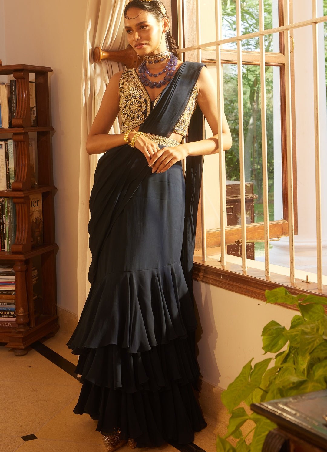 Navy Blue Georgette Predraped Saree Paulmi and Harsh - Fabilicious Fashion