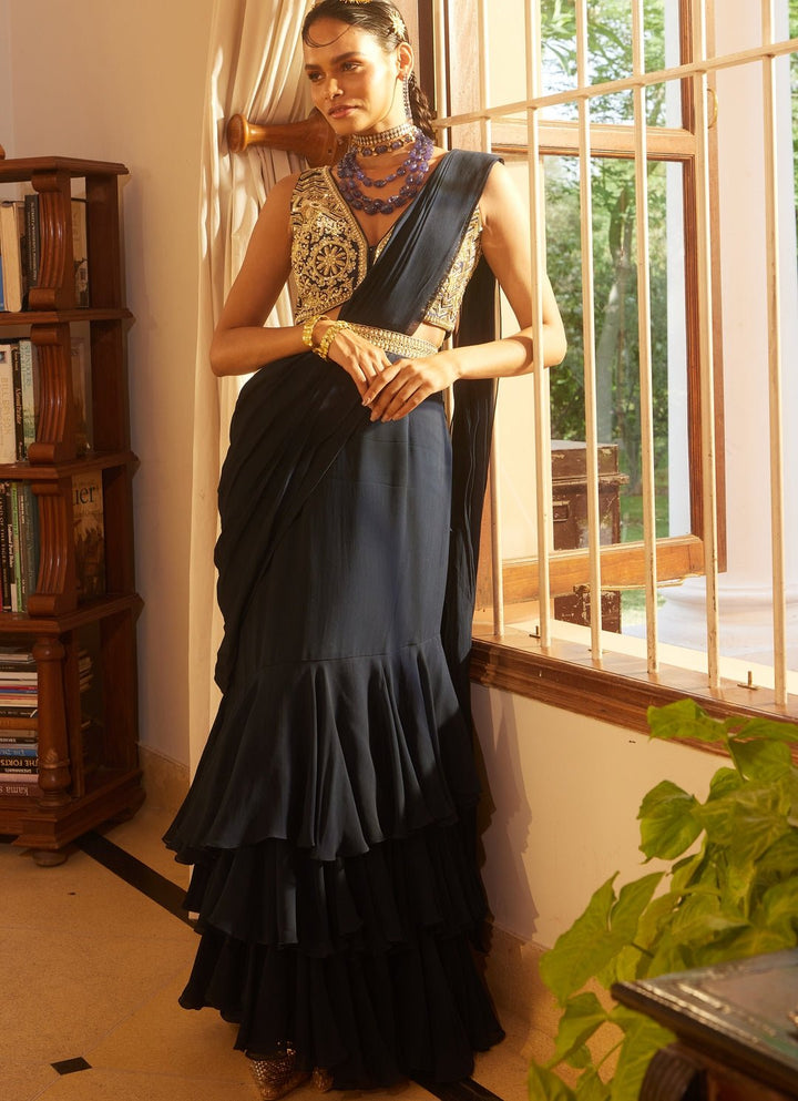 Navy Blue Georgette Predraped Saree Paulmi and Harsh - Fabilicious Fashion