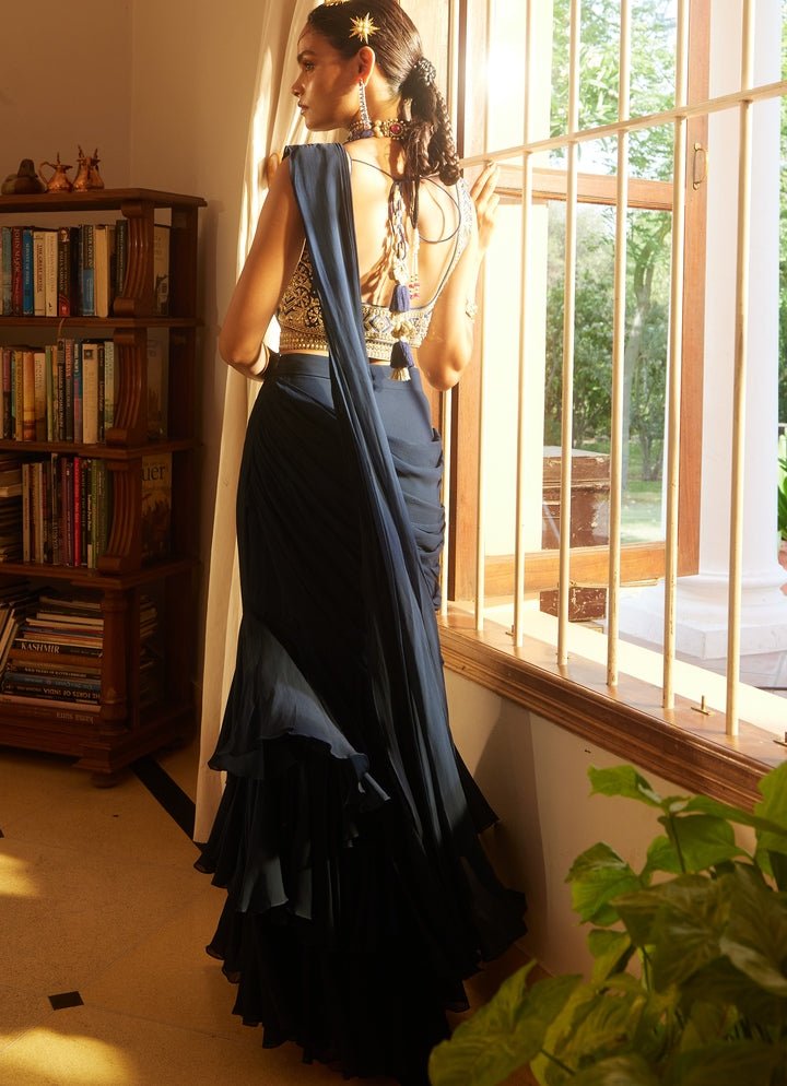 Navy Blue Georgette Predraped Saree Paulmi and Harsh - Fabilicious Fashion