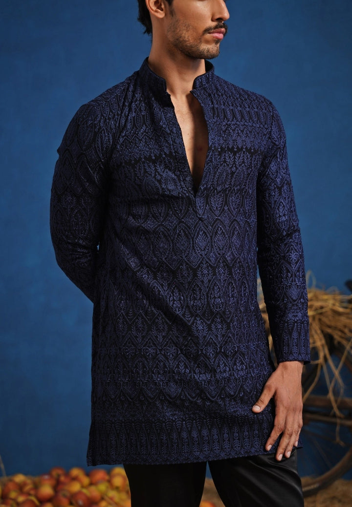 Navy Blue Georgette Short Kurta Set Kalpraag - Fabilicious Fashion